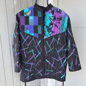 Vintage Patchwork Quilted Art Jacket w/ Butterfly Appliques, Abstract Design - M